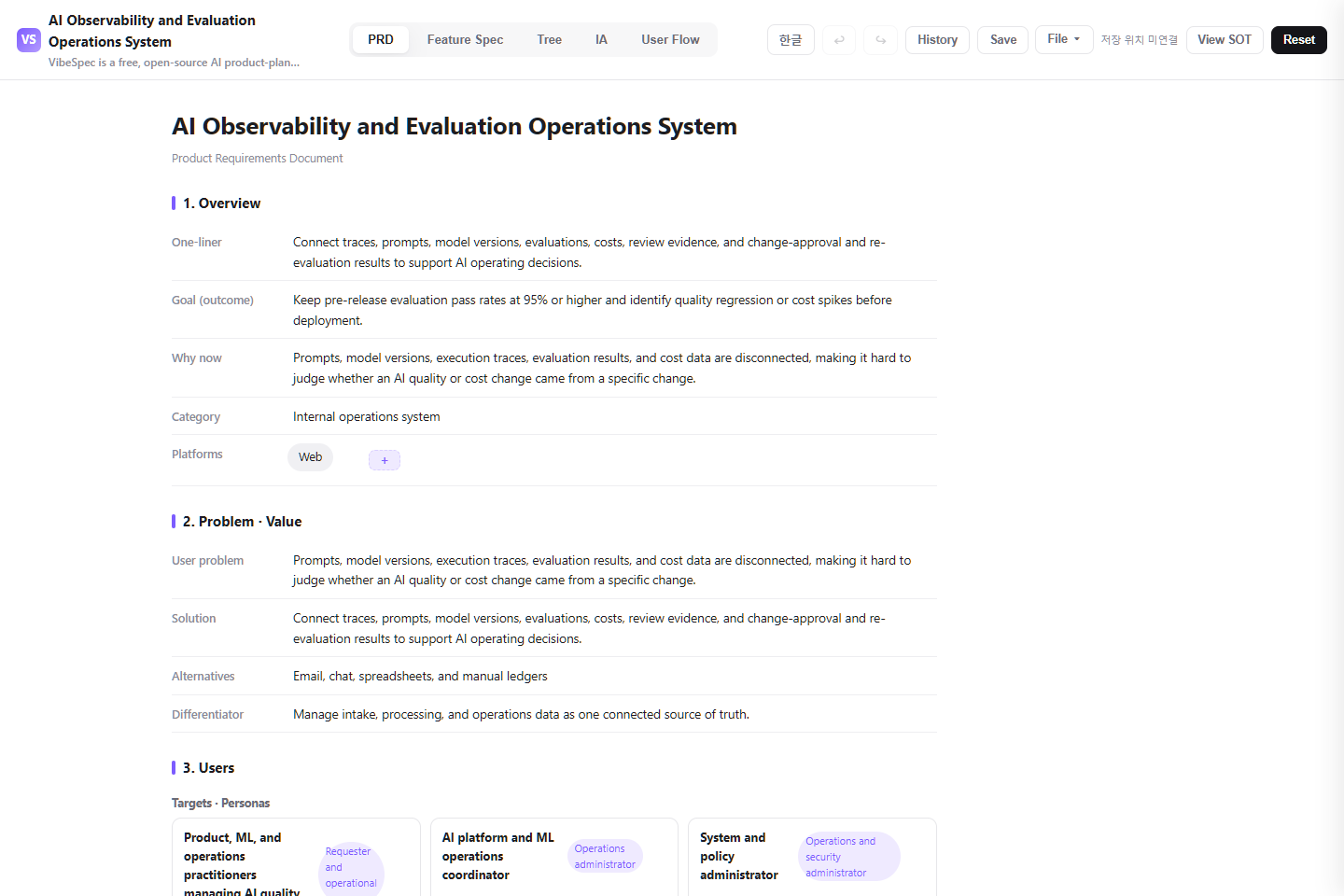 AI Observability and Evaluation Operations System PRD showing product goals, problem context, and operational personas