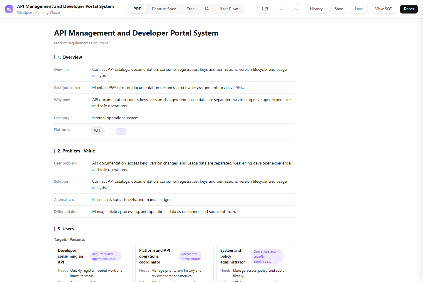 API Management and Developer Portal System PRD showing product goals, problem context, and operational personas