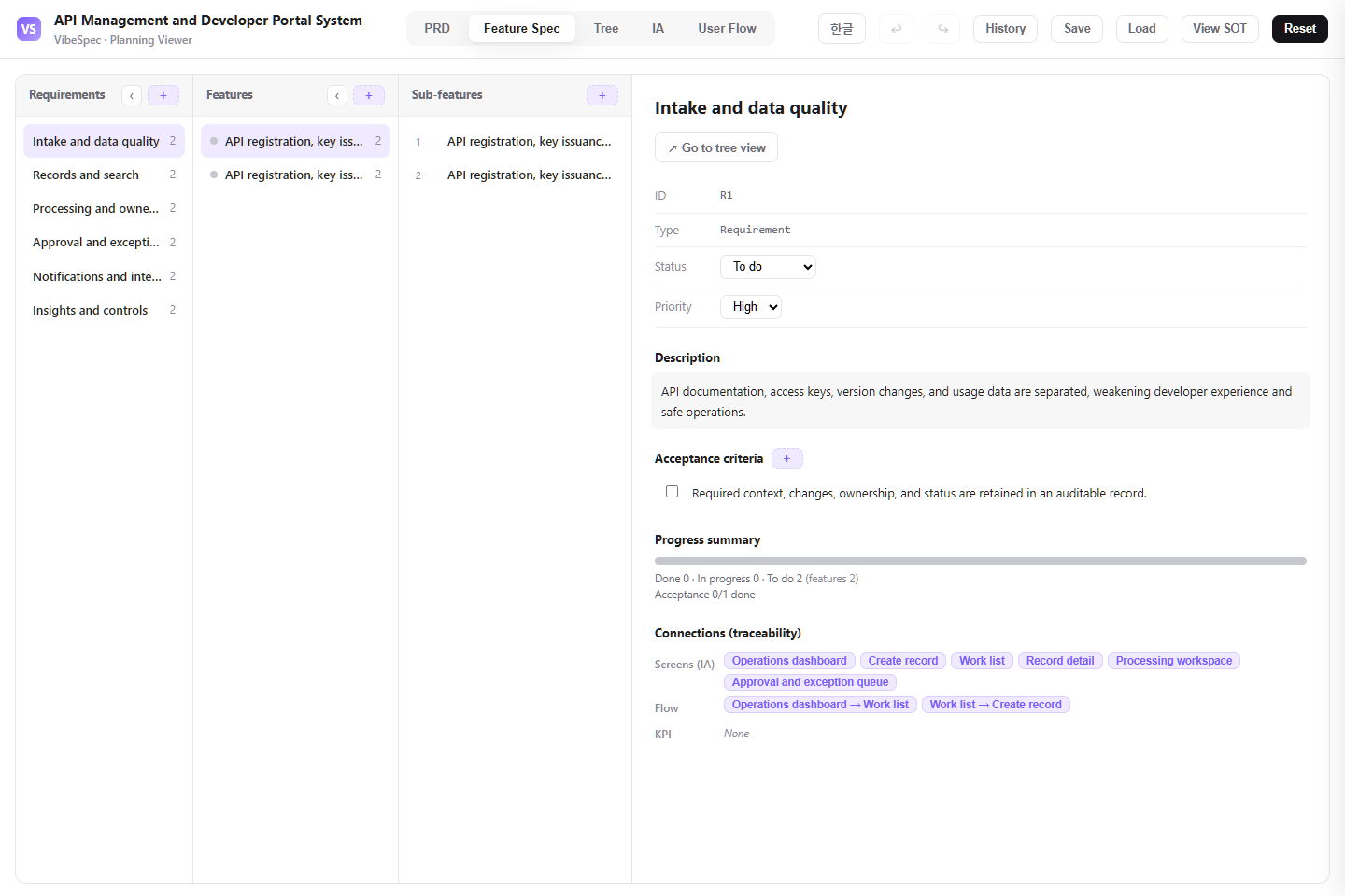 API Management and Developer Portal System feature specification with requirements, detailed capabilities, and acceptance criteria