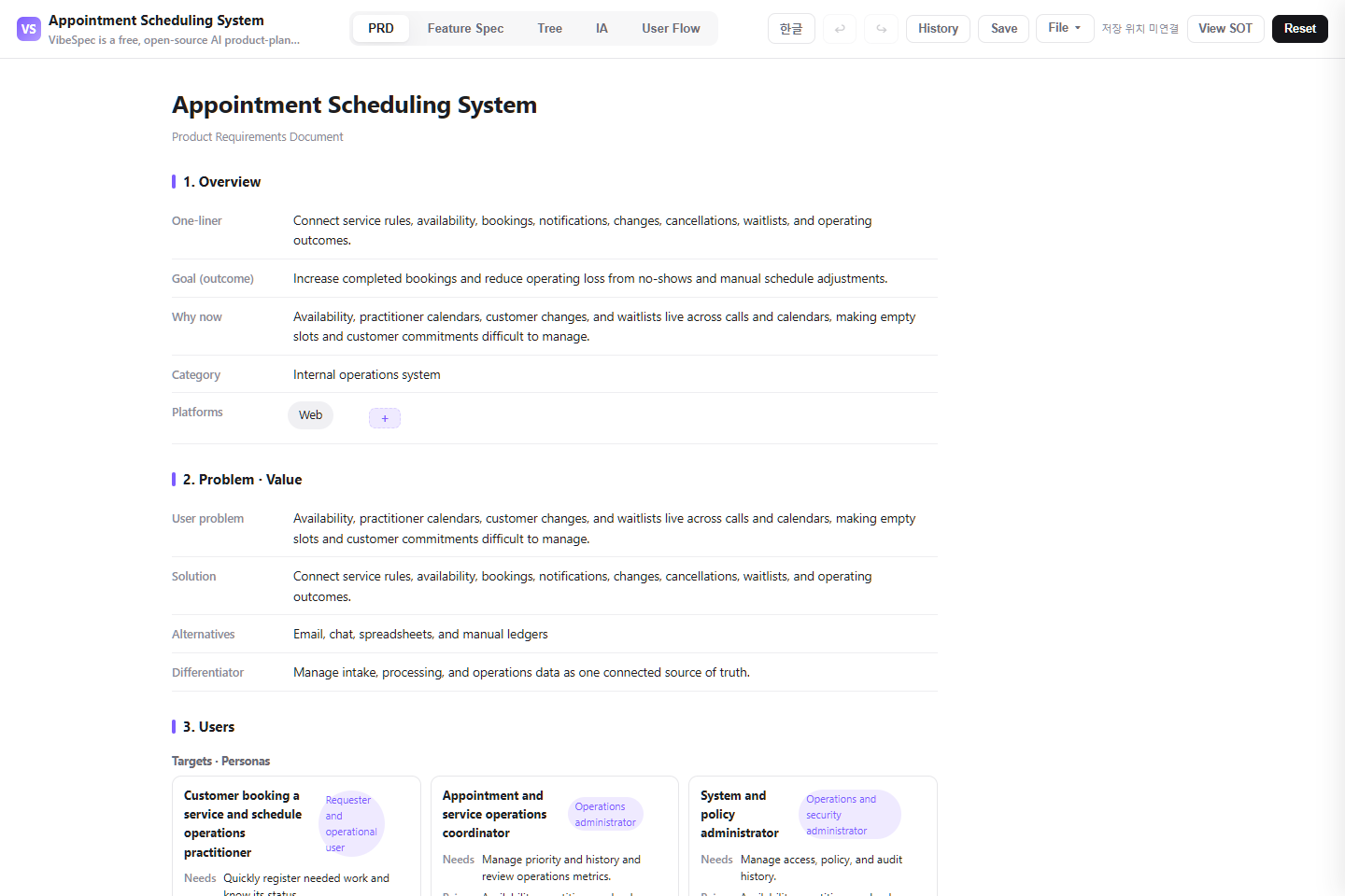Appointment Scheduling System PRD showing product goals, problem context, and operational personas