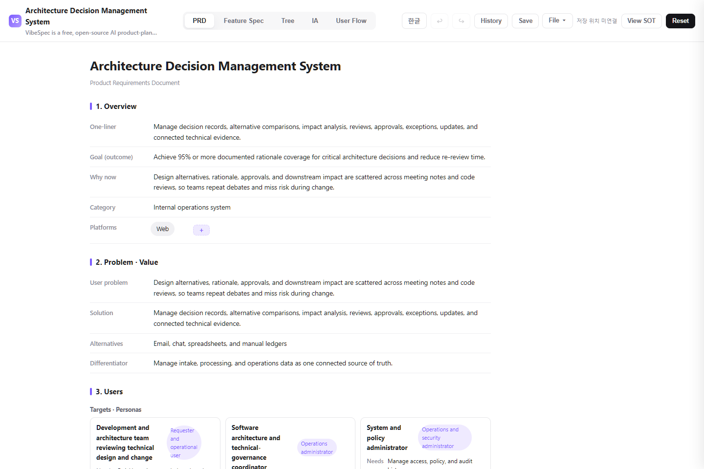 Architecture Decision Management System PRD showing product goals, problem context, and operational personas