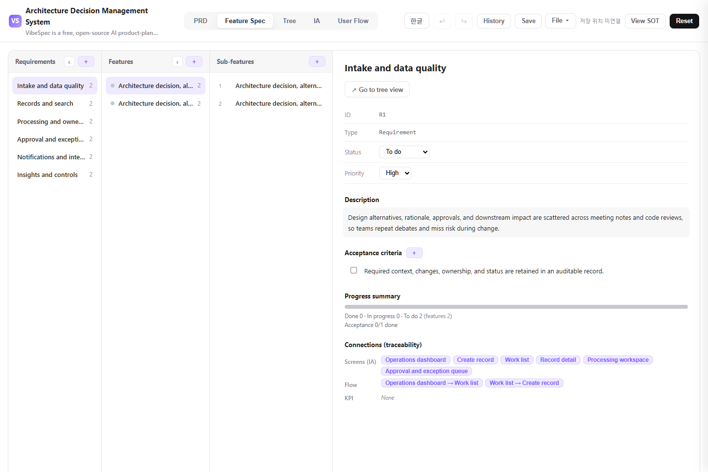 Architecture Decision Management System feature specification with requirements, detailed capabilities, and acceptance criteria