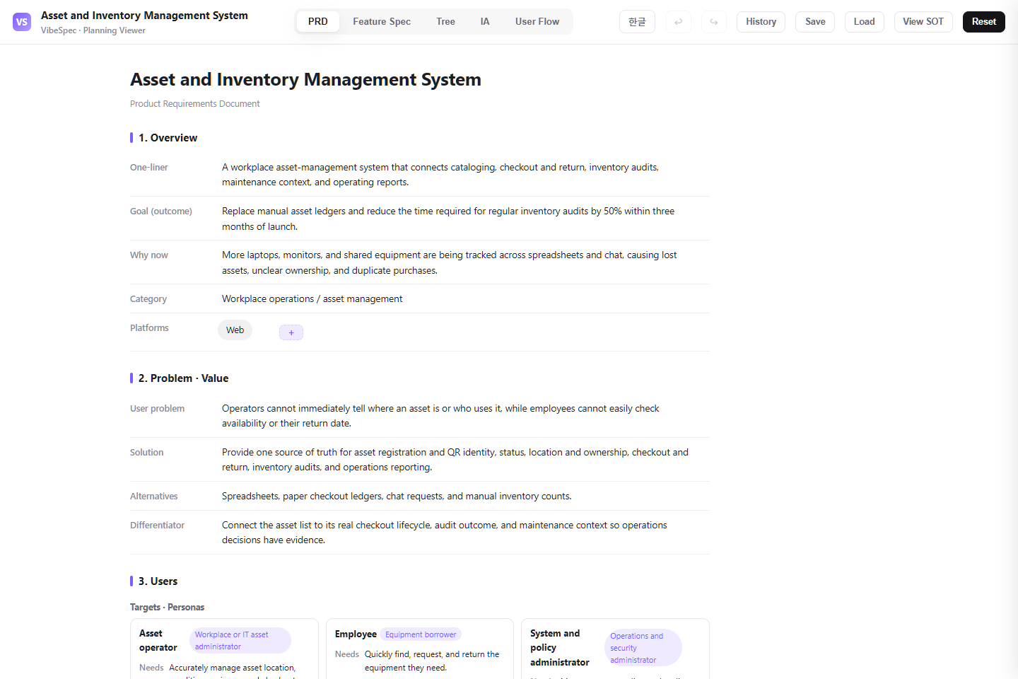 Asset and inventory management PRD with goals, problems, and operations personas
