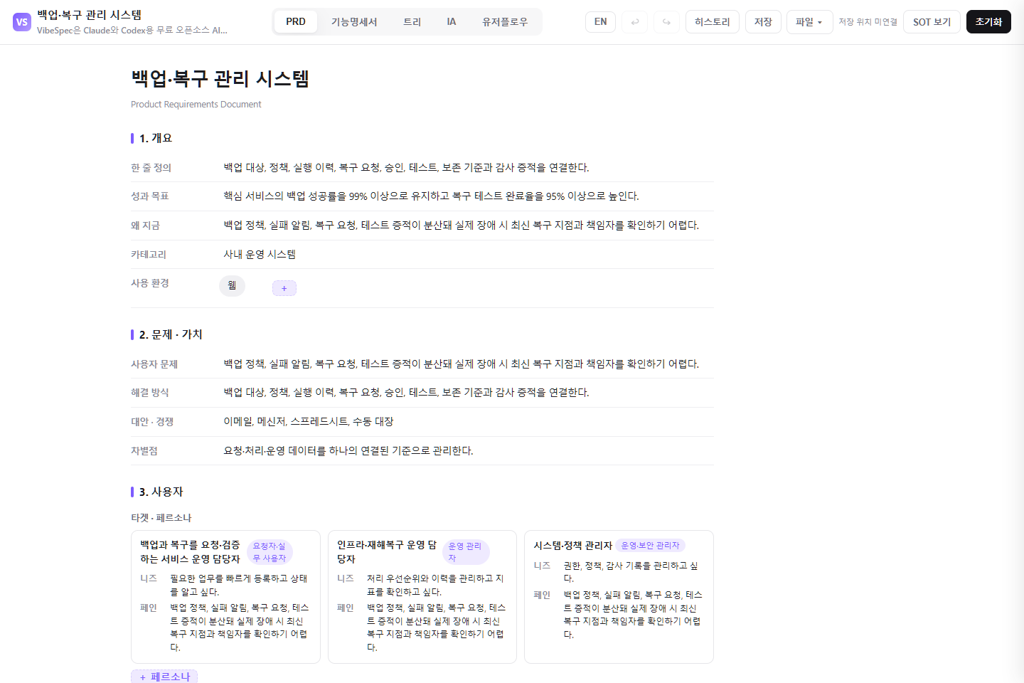 백업·복구 관리 시스템의 목표, 문제, 사용자 페르소나를 보여 주는 VibeSpec PRD 화면