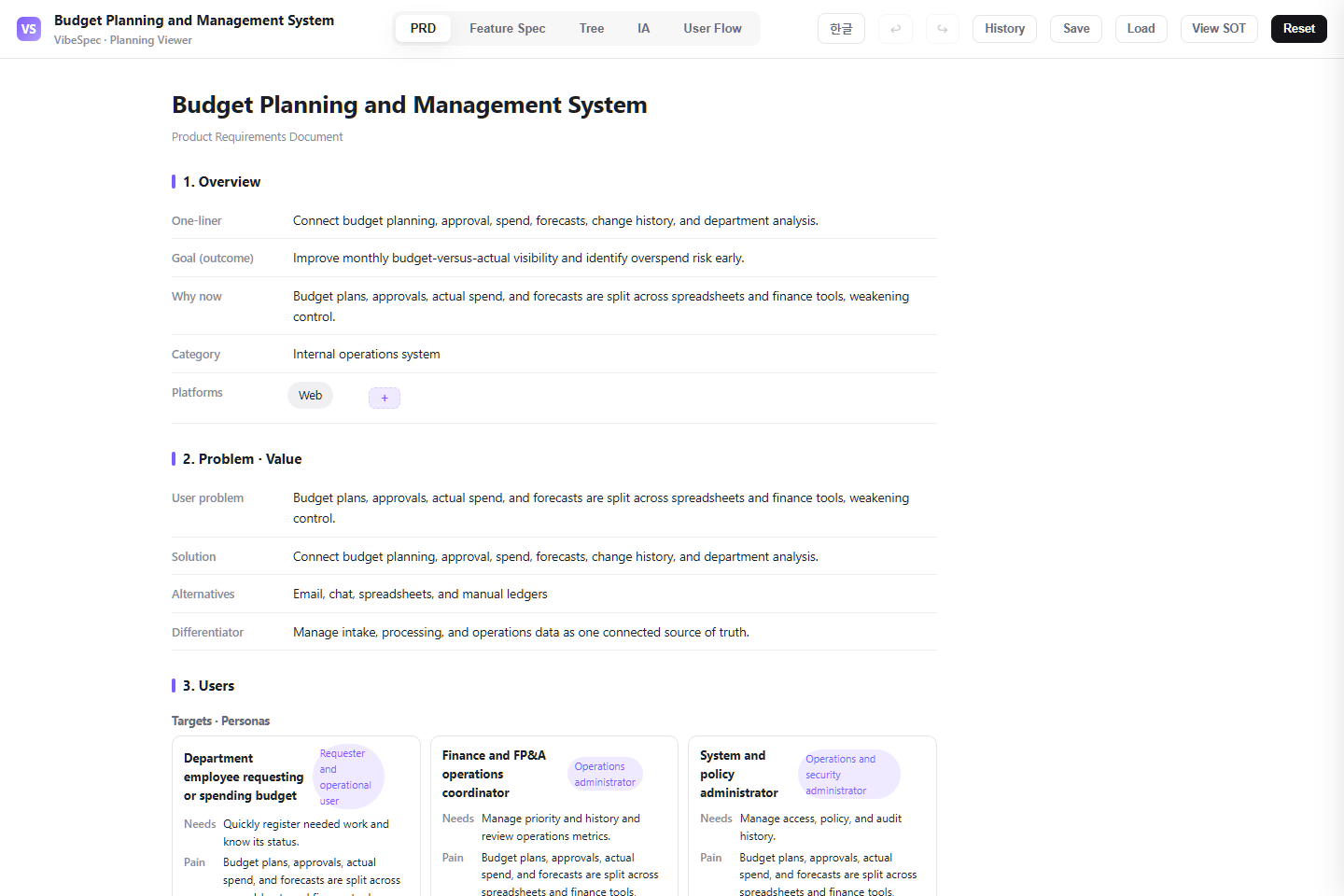 Budget Planning and Management System PRD showing product goals, problem context, and operational personas
