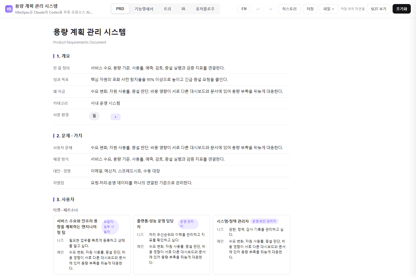 용량 계획 관리 시스템의 목표, 문제, 사용자 페르소나를 보여 주는 VibeSpec PRD 화면