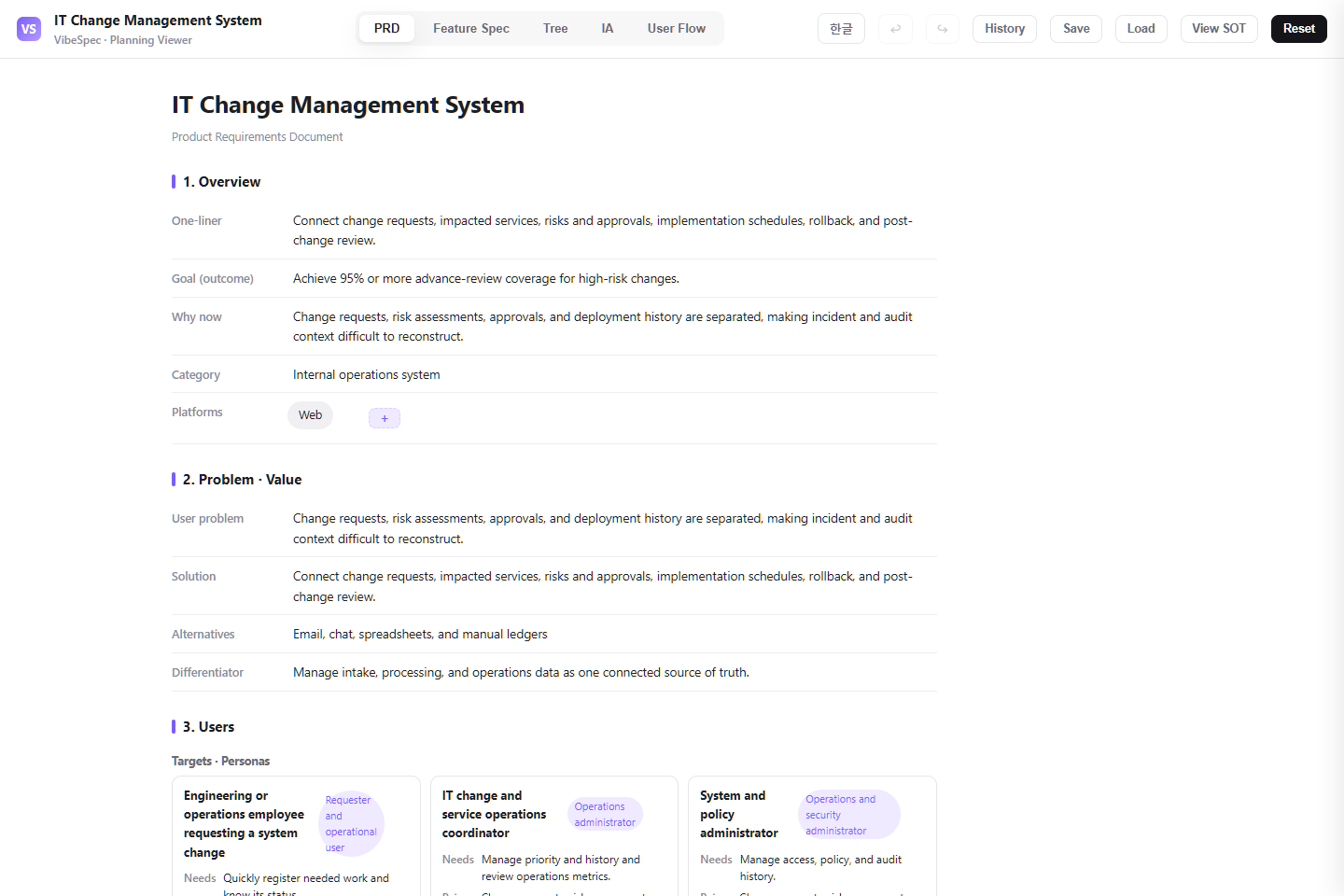 IT Change Management System PRD showing product goals, problem context, and operational personas