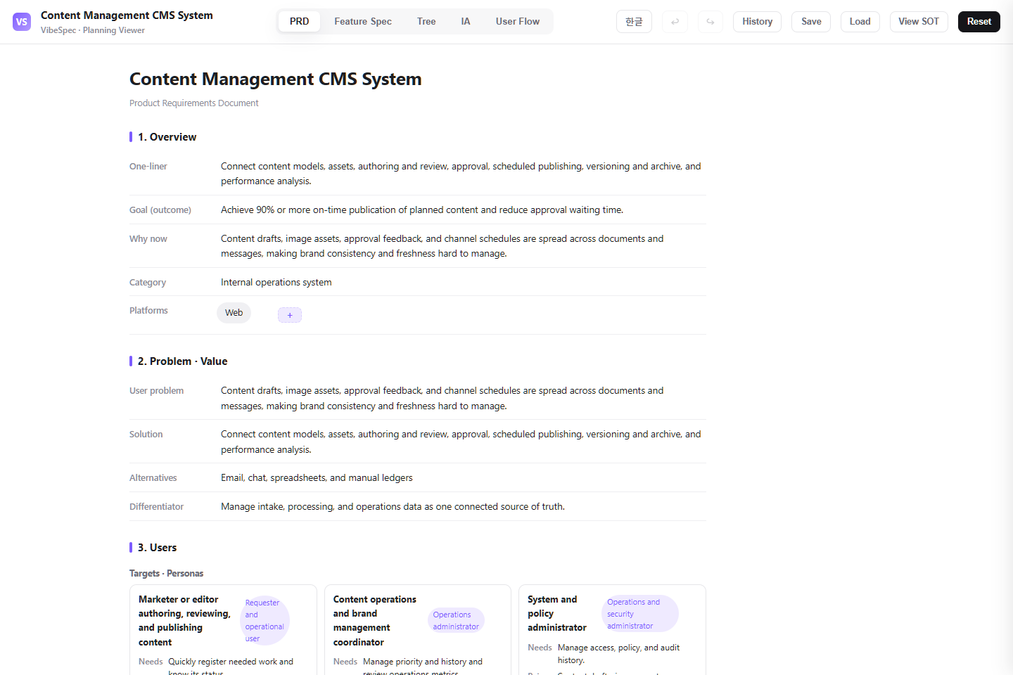 Content Management CMS System PRD showing product goals, problem context, and operational personas