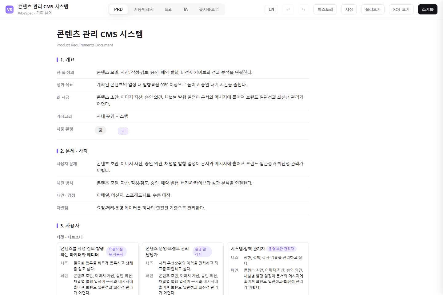 콘텐츠 관리 CMS 시스템의 목표, 문제, 사용자 페르소나를 보여 주는 VibeSpec PRD 화면