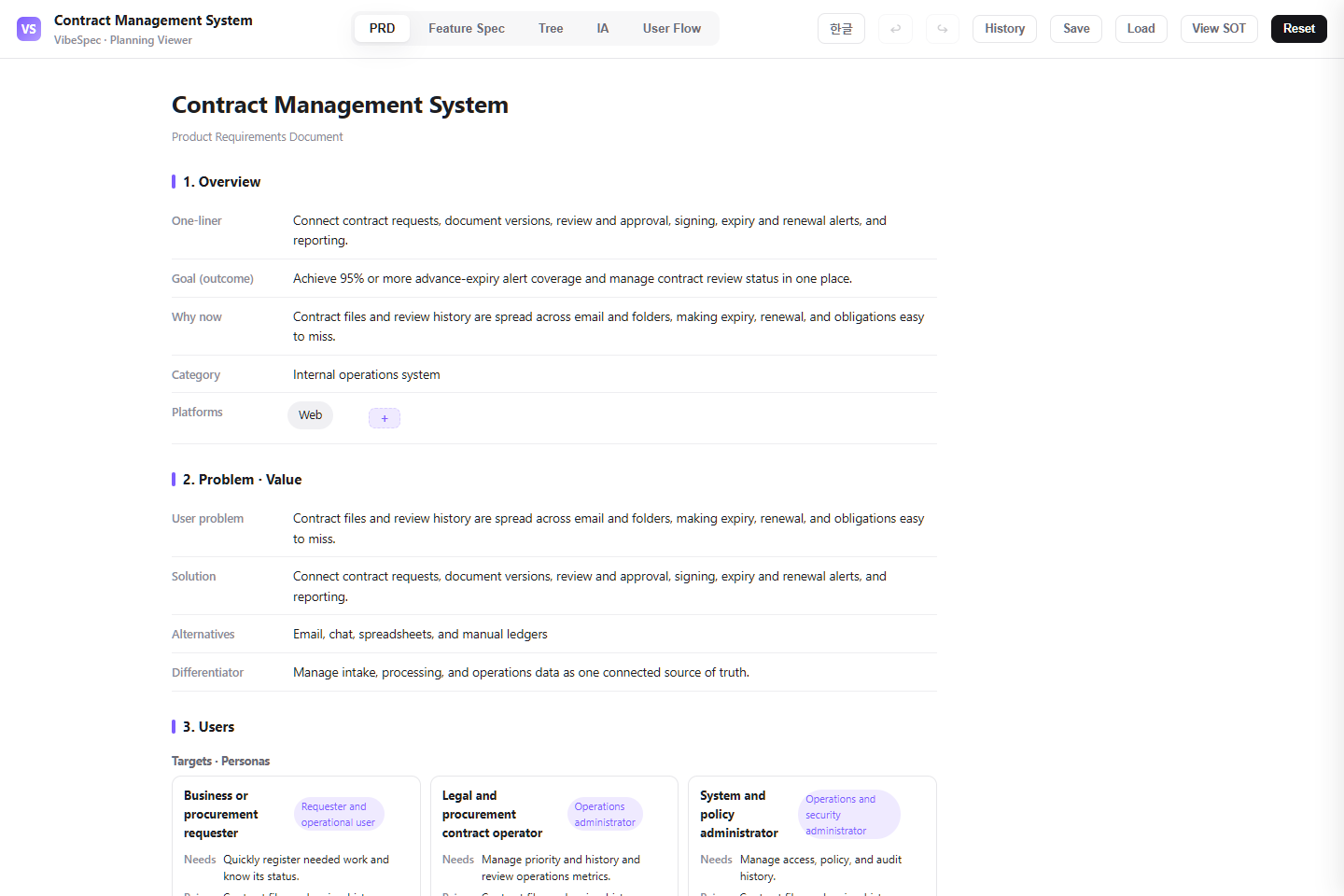 Contract Management System PRD showing product goals, problem context, and operational personas