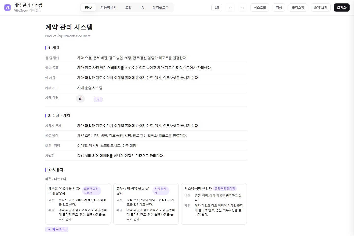 계약 관리 시스템의 목표, 문제, 사용자 페르소나를 보여 주는 VibeSpec PRD 화면