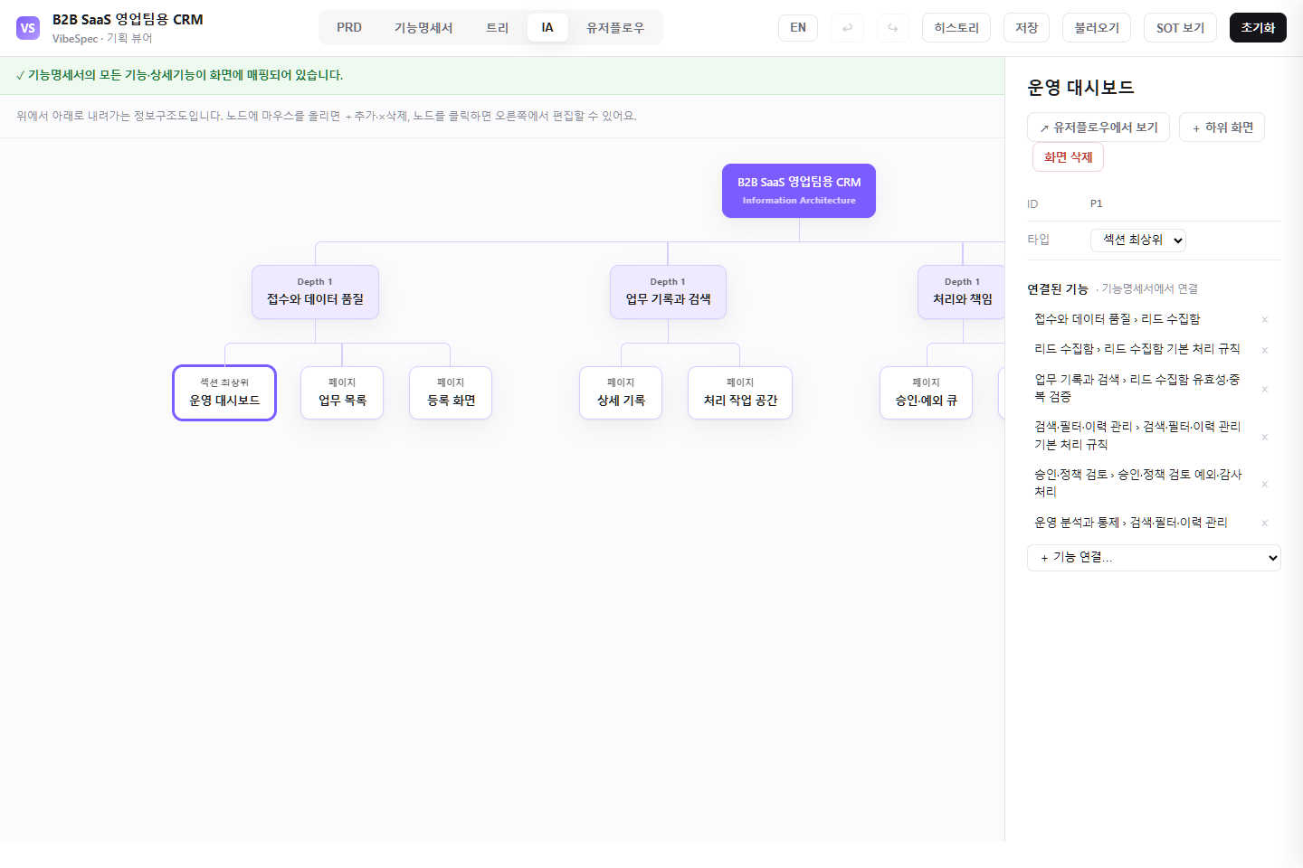 CRM 시스템의 리드, 파이프라인, 고객사, 담당자, 활동, 업무, 리포트와 설정 화면 구조를 보여 주는 정보 구조 화면