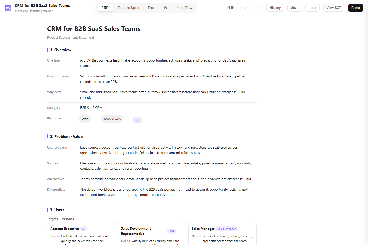 VibeSpec CRM PRD showing sales personas, user scenarios, and success metrics