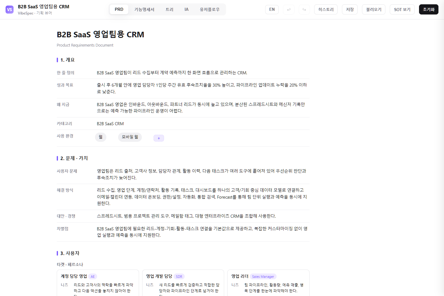 CRM 시스템 기획안의 사용자 페르소나, 업무 시나리오, 핵심 성과 지표를 보여 주는 VibeSpec PRD 화면