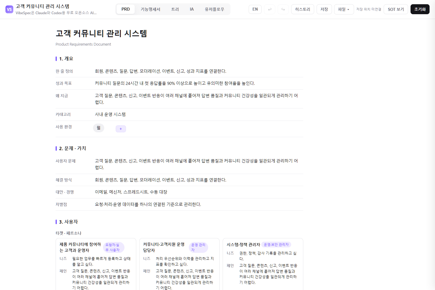 고객 커뮤니티 관리 시스템의 목표, 문제, 사용자 페르소나를 보여 주는 VibeSpec PRD 화면