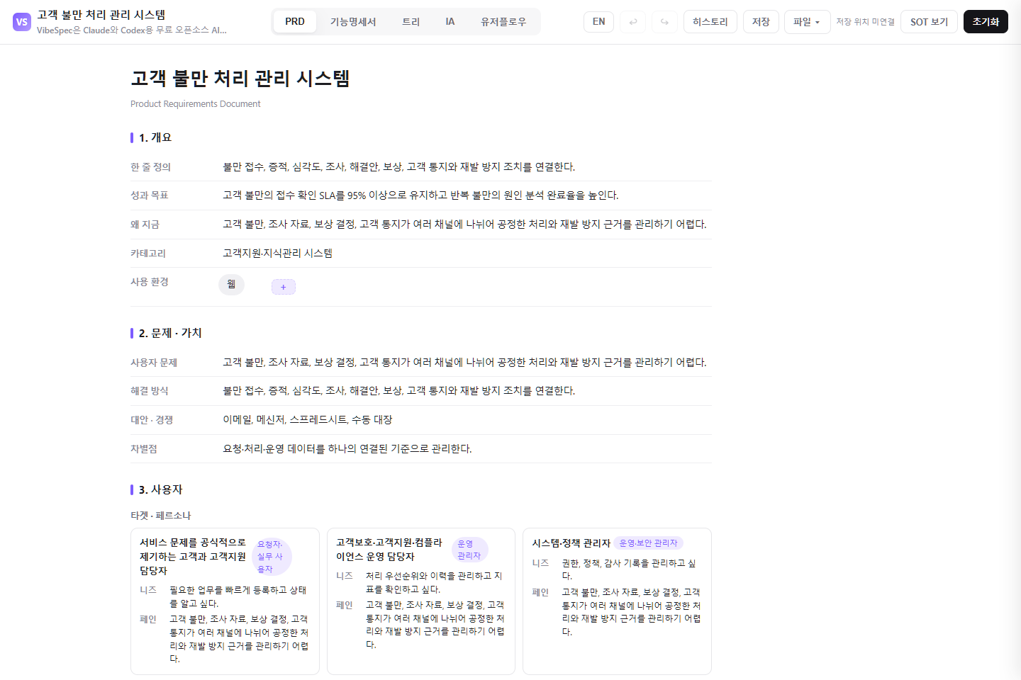 고객 불만 처리 관리 시스템의 목표, 문제, 사용자 페르소나를 보여 주는 VibeSpec PRD 화면