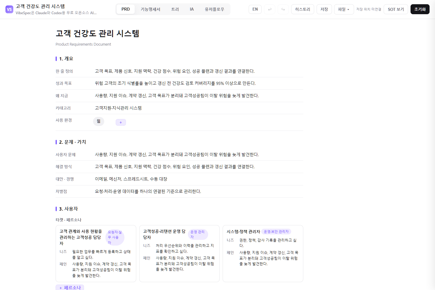 고객 건강도 관리 시스템의 목표, 문제, 사용자 페르소나를 보여 주는 VibeSpec PRD 화면