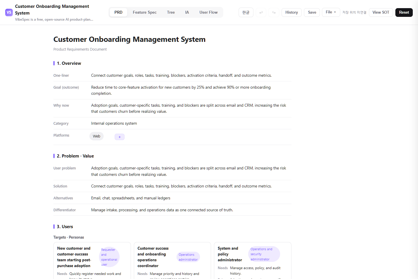 Customer Onboarding Management System PRD showing product goals, problem context, and operational personas