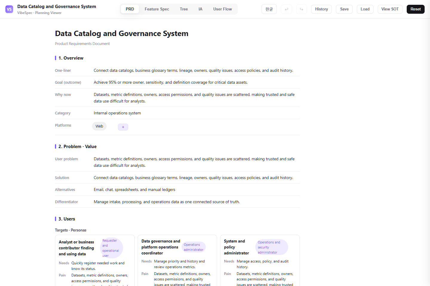 Data Catalog and Governance System PRD showing product goals, problem context, and operational personas