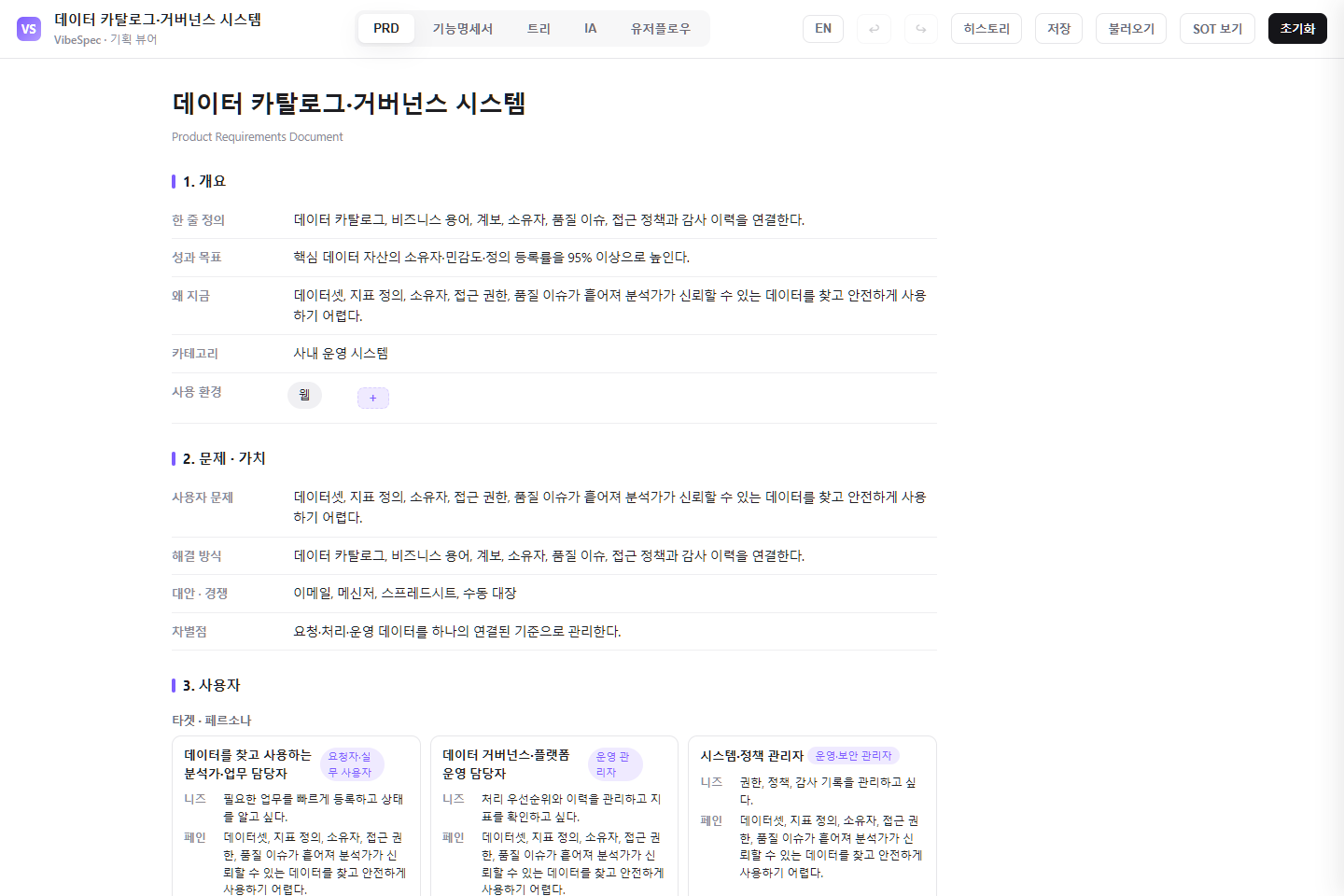 데이터 카탈로그·거버넌스 시스템의 목표, 문제, 사용자 페르소나를 보여 주는 VibeSpec PRD 화면