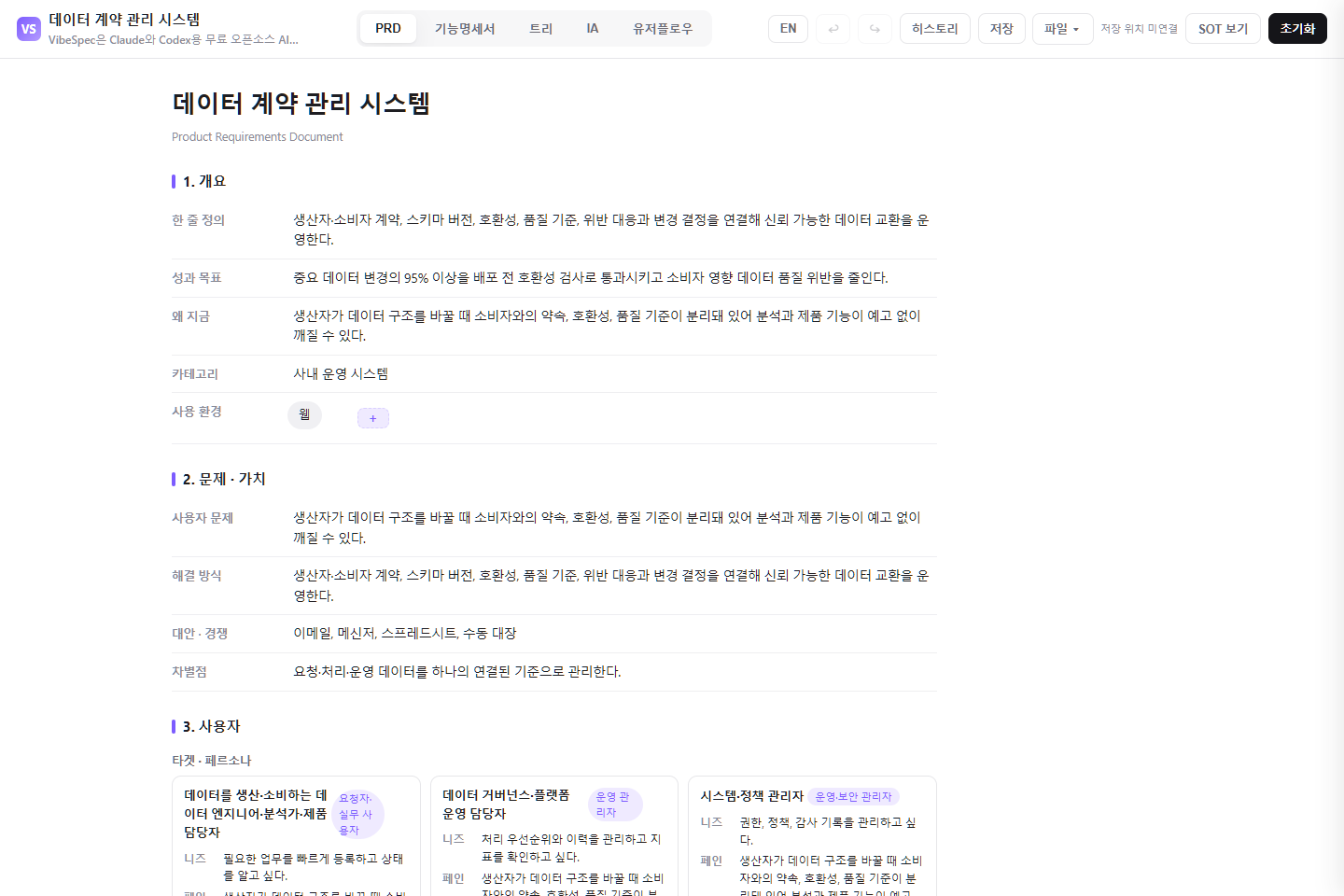 데이터 계약 관리 시스템의 목표, 문제, 사용자 페르소나를 보여 주는 VibeSpec PRD 화면
