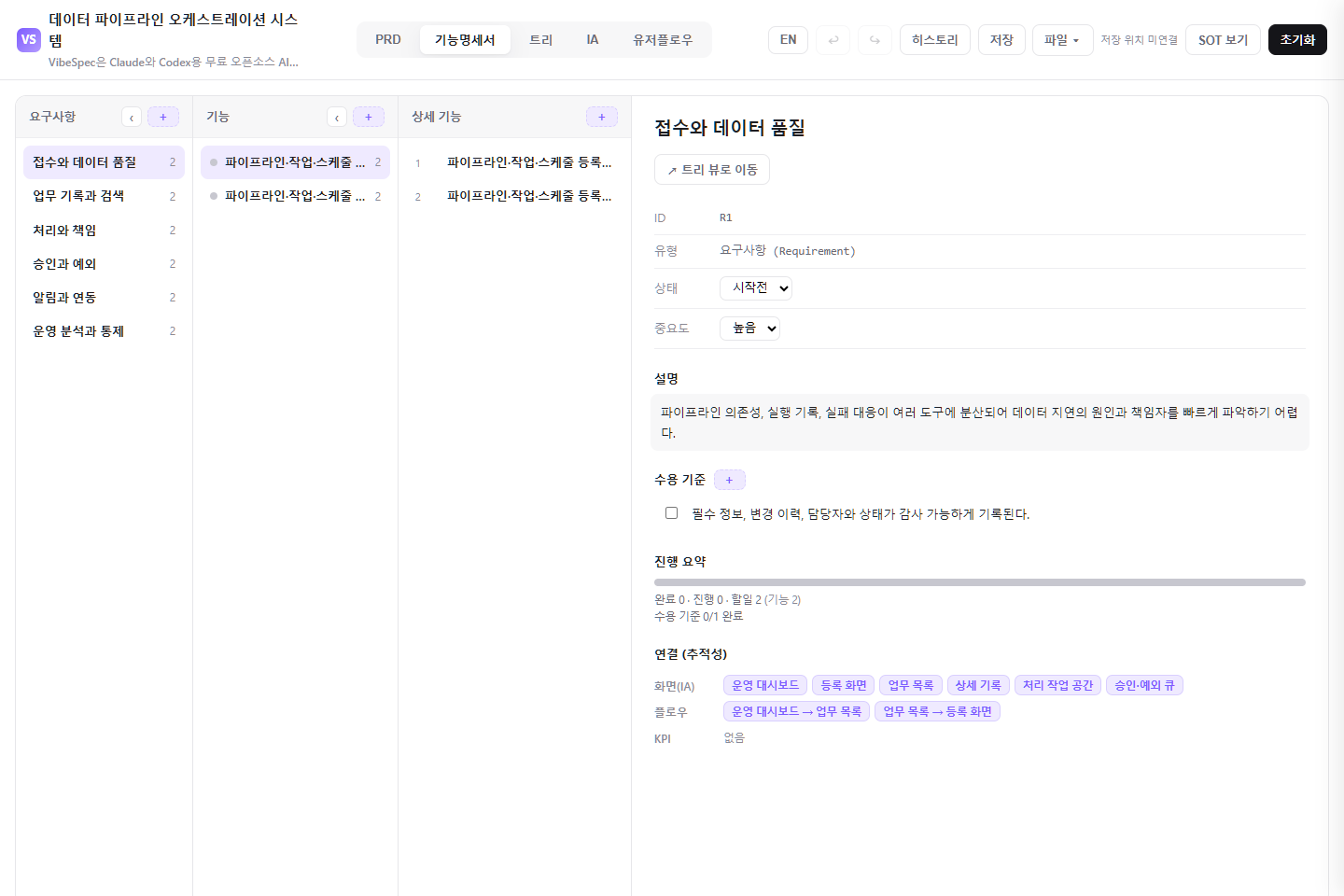 데이터 파이프라인 오케스트레이션 시스템의 요구사항, 기능, 상세 기능, 수용 기준을 보여 주는 기능 명세 화면