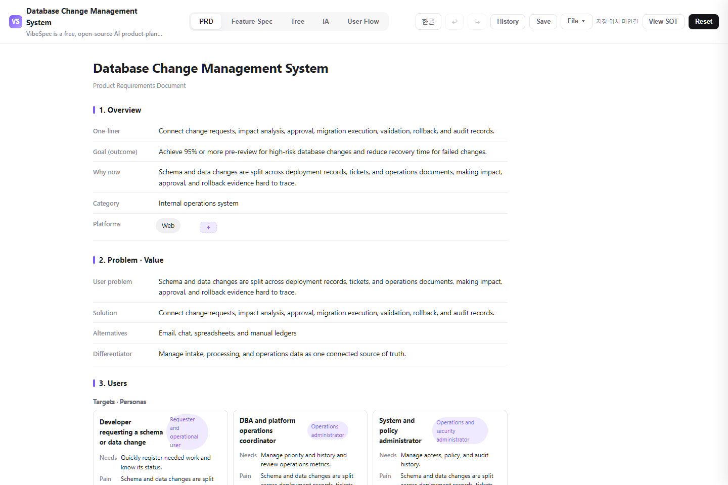 Database Change Management System PRD showing product goals, problem context, and operational personas