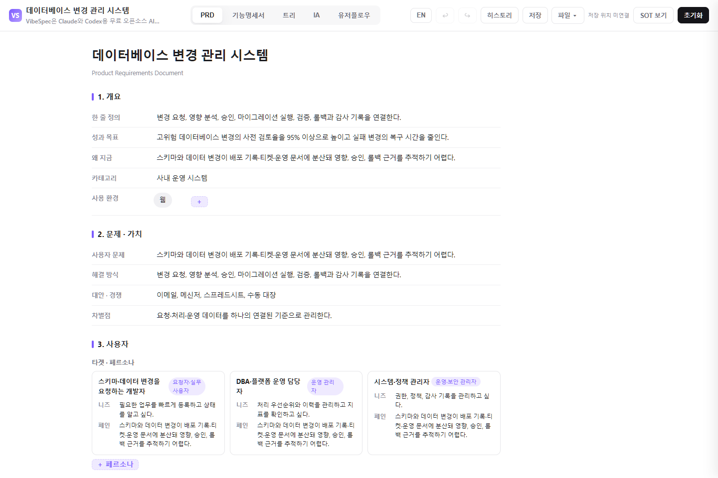 데이터베이스 변경 관리 시스템의 목표, 문제, 사용자 페르소나를 보여 주는 VibeSpec PRD 화면