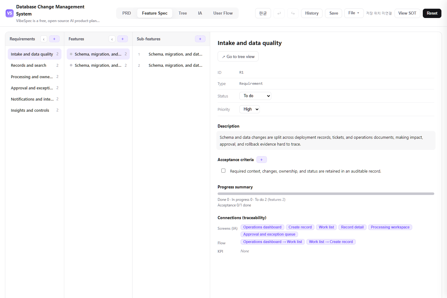 Database Change Management System feature specification with requirements, detailed capabilities, and acceptance criteria