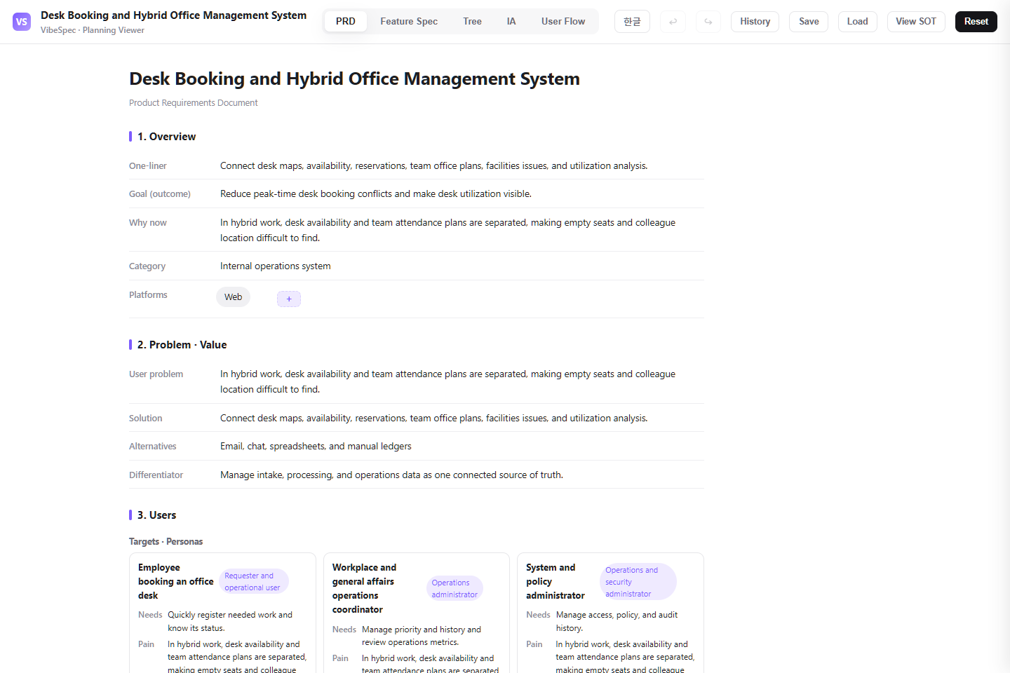 Desk Booking and Hybrid Office Management System PRD showing product goals, problem context, and operational personas