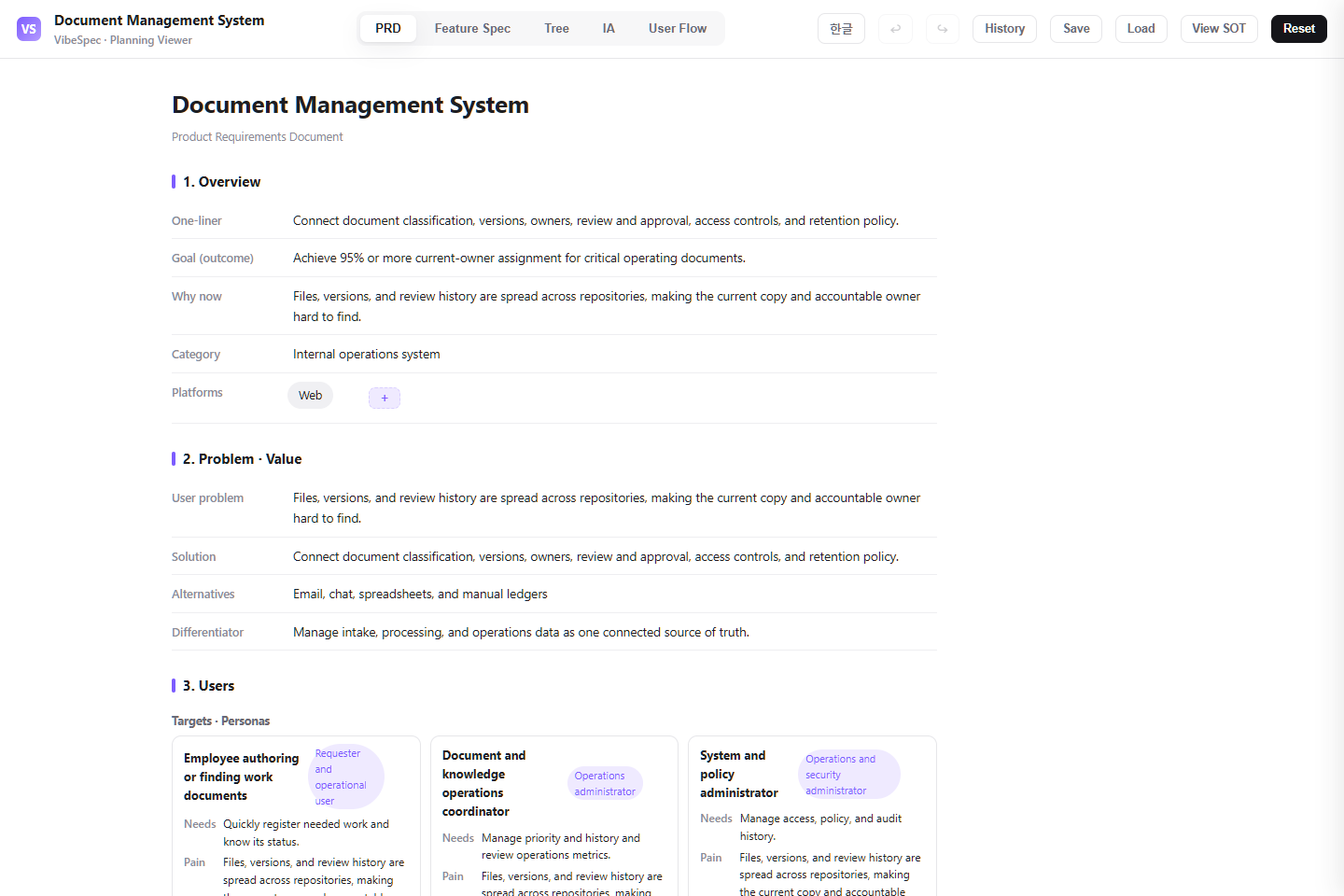 Document Management System PRD showing product goals, problem context, and operational personas