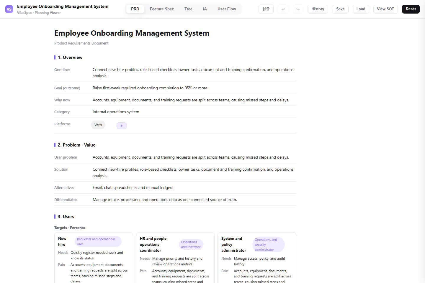 Employee Onboarding Management System PRD showing product goals, problem context, and operational personas