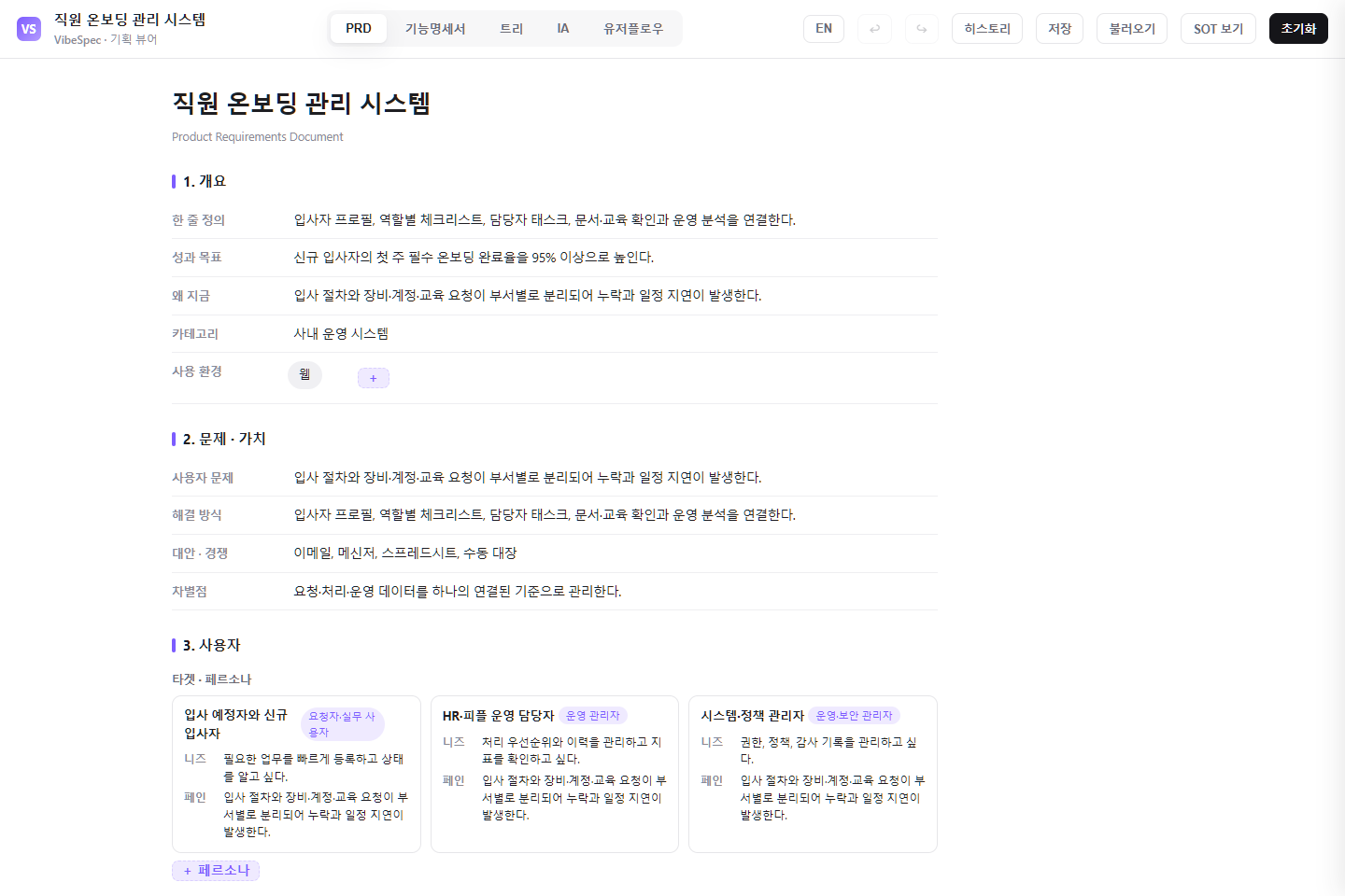 직원 온보딩 관리 시스템의 목표, 문제, 사용자 페르소나를 보여 주는 VibeSpec PRD 화면