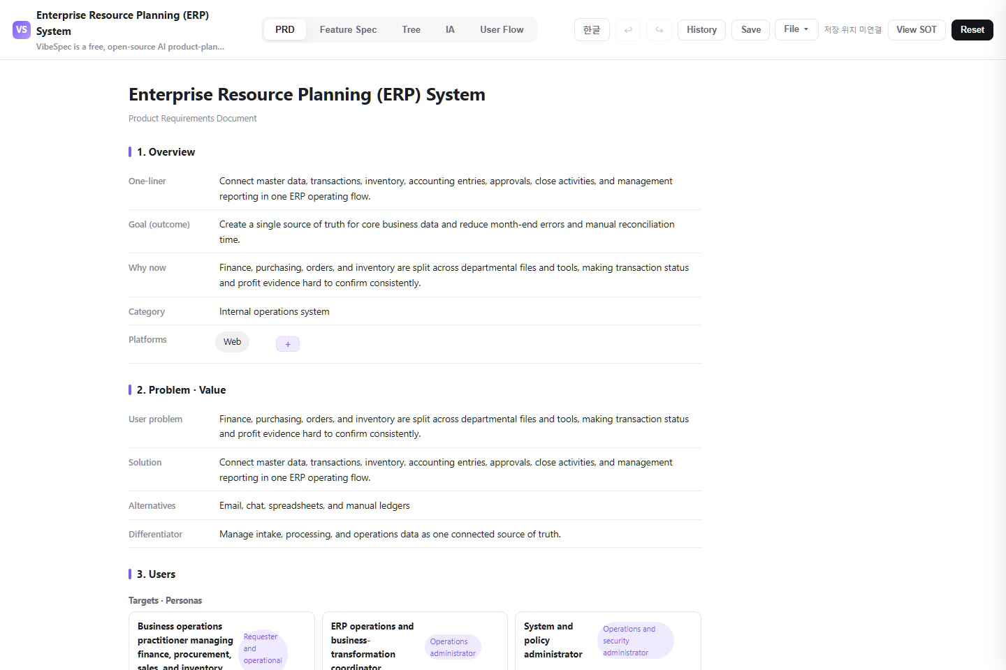 Enterprise Resource Planning (ERP) System PRD showing product goals, problem context, and operational personas