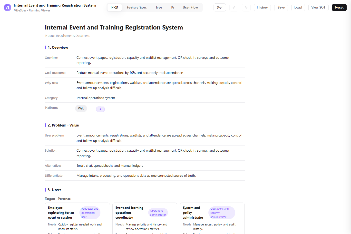 Internal Event and Training Registration System PRD showing product goals, problem context, and operational personas