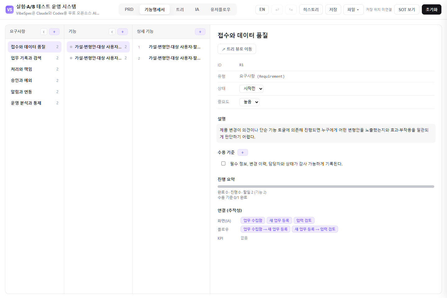 실험·A/B 테스트 운영 시스템의 요구사항, 기능, 상세 기능, 수용 기준을 보여 주는 기능 명세 화면