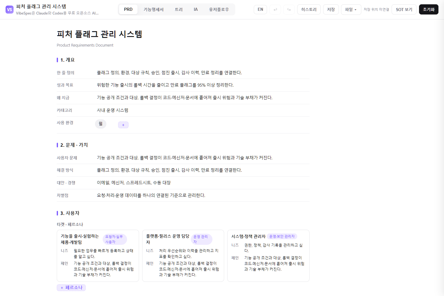 피처 플래그 관리 시스템의 목표, 문제, 사용자 페르소나를 보여 주는 VibeSpec PRD 화면