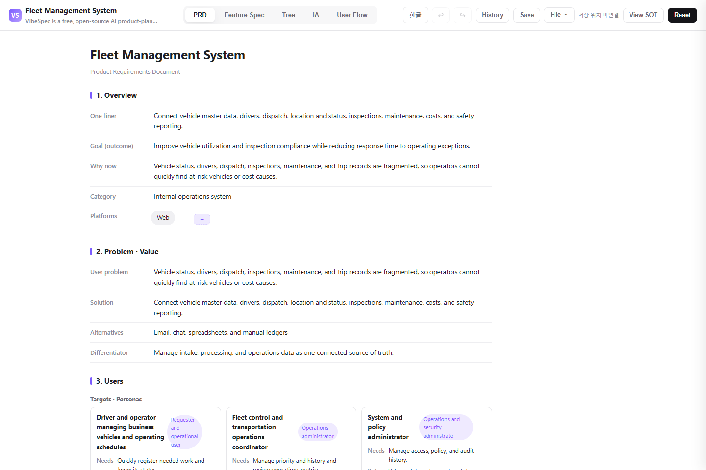 Fleet Management System PRD showing product goals, problem context, and operational personas