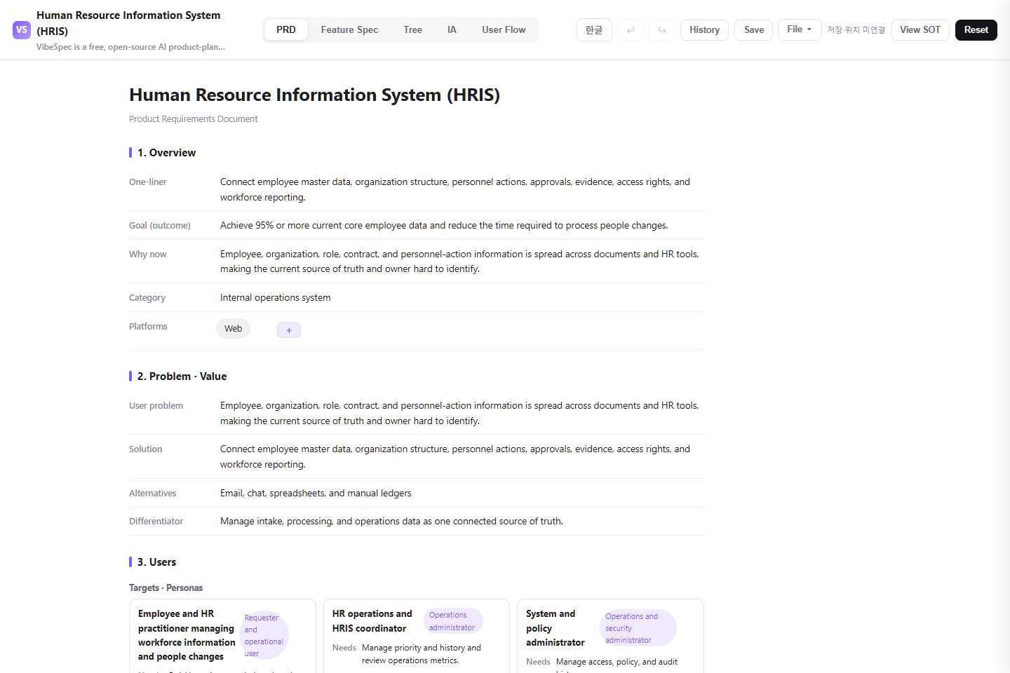Human Resource Information System (HRIS) PRD showing product goals, problem context, and operational personas