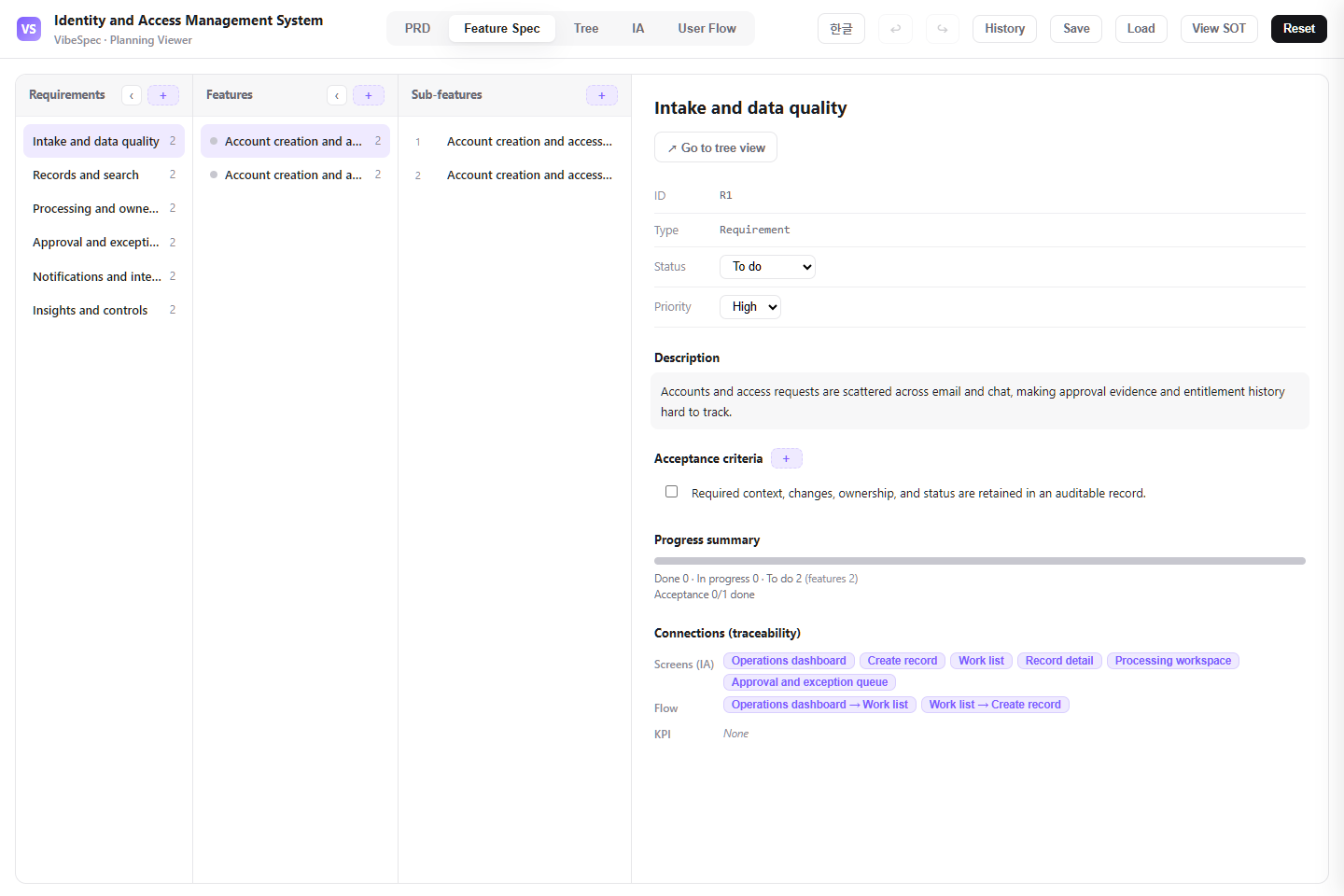 Identity and Access Management System feature specification with requirements, detailed capabilities, and acceptance criteria