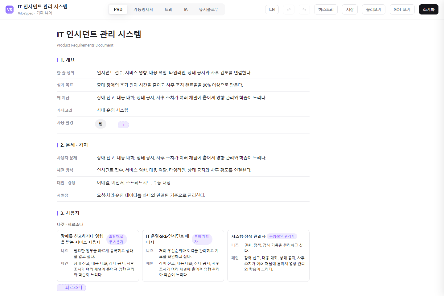IT 인시던트 관리 시스템의 목표, 문제, 사용자 페르소나를 보여 주는 VibeSpec PRD 화면