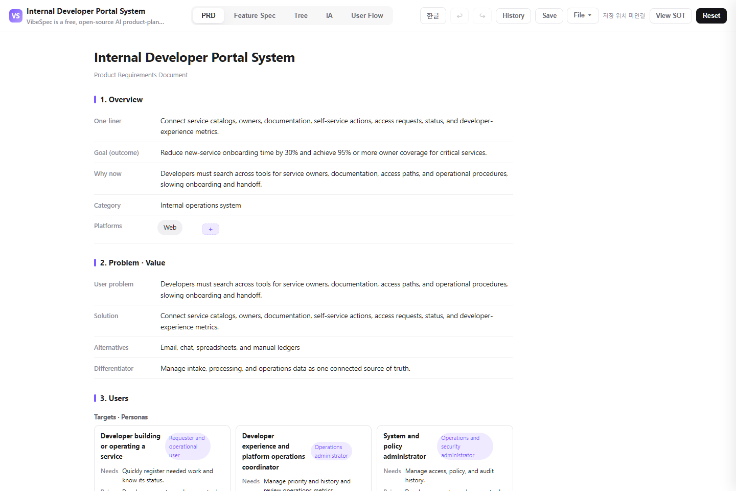 Internal Developer Portal System PRD showing product goals, problem context, and operational personas