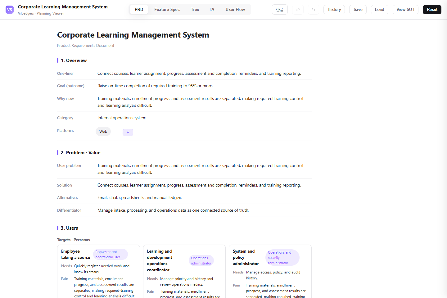 Corporate Learning Management System PRD showing product goals, problem context, and operational personas