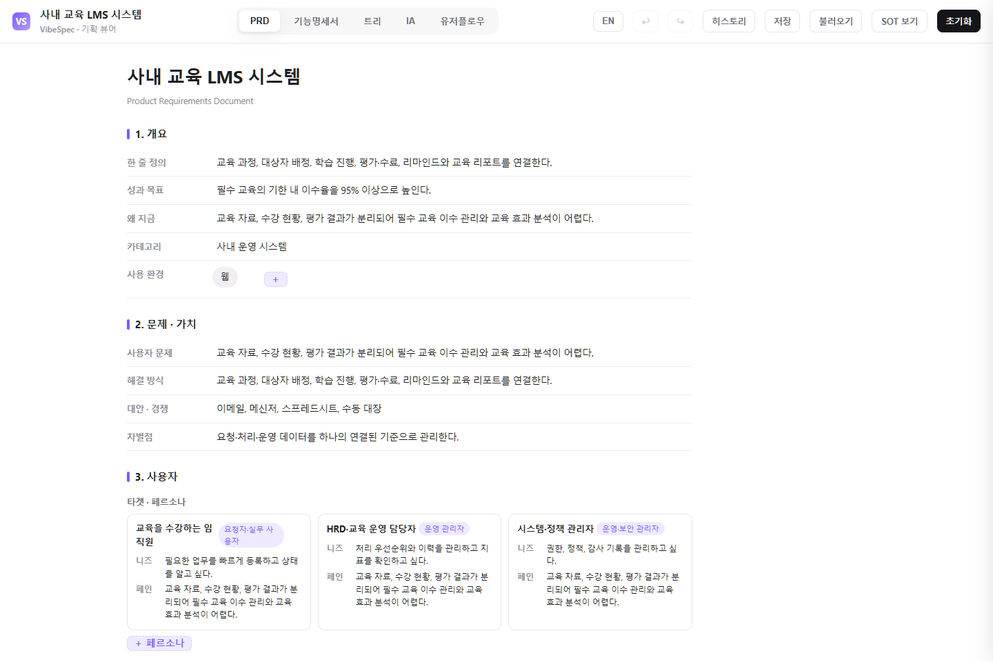 사내 교육 LMS 시스템의 목표, 문제, 사용자 페르소나를 보여 주는 VibeSpec PRD 화면