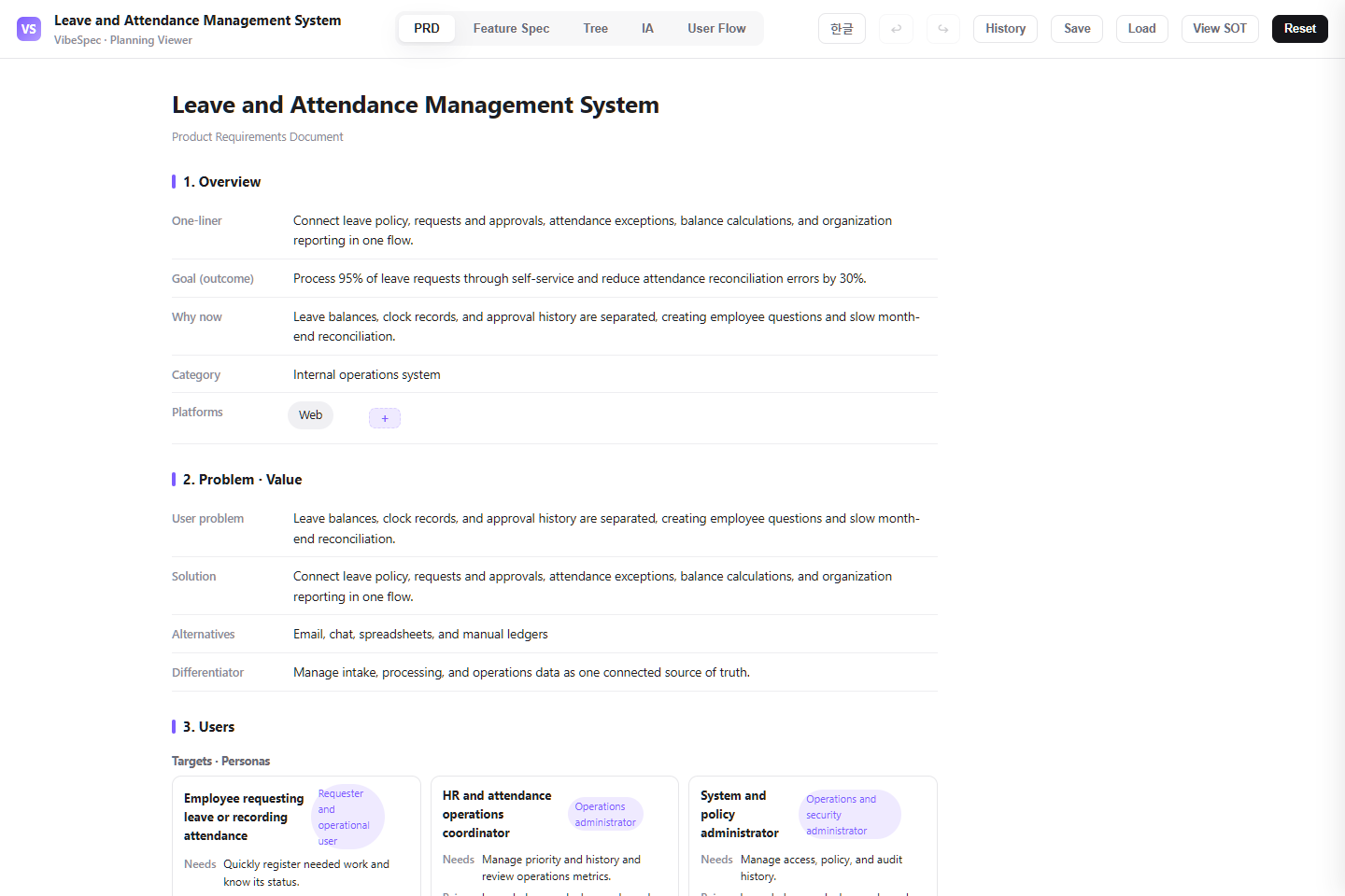 Leave and Attendance Management System PRD showing product goals, problem context, and operational personas
