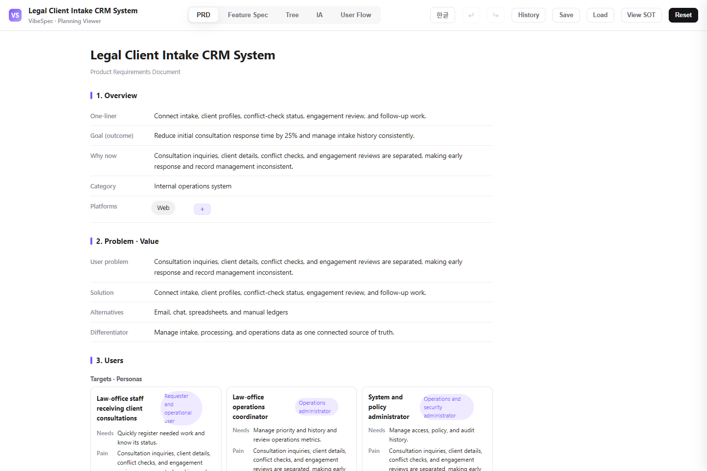 Legal Client Intake CRM System PRD showing product goals, problem context, and operational personas