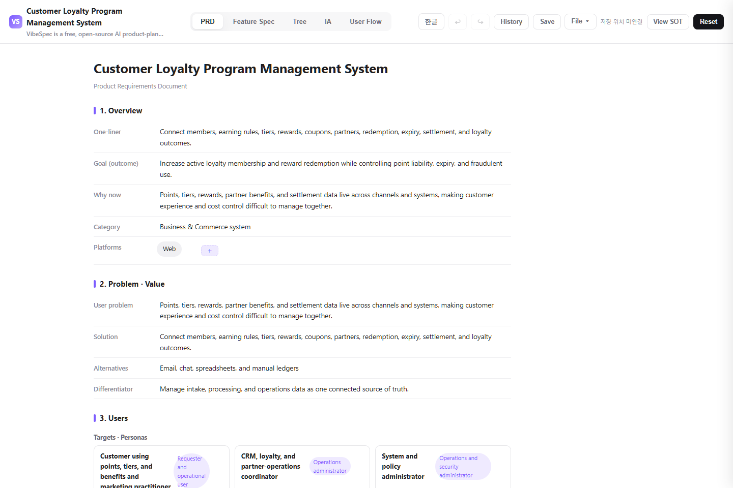 Customer Loyalty Program Management System PRD showing product goals, problem context, and operational personas