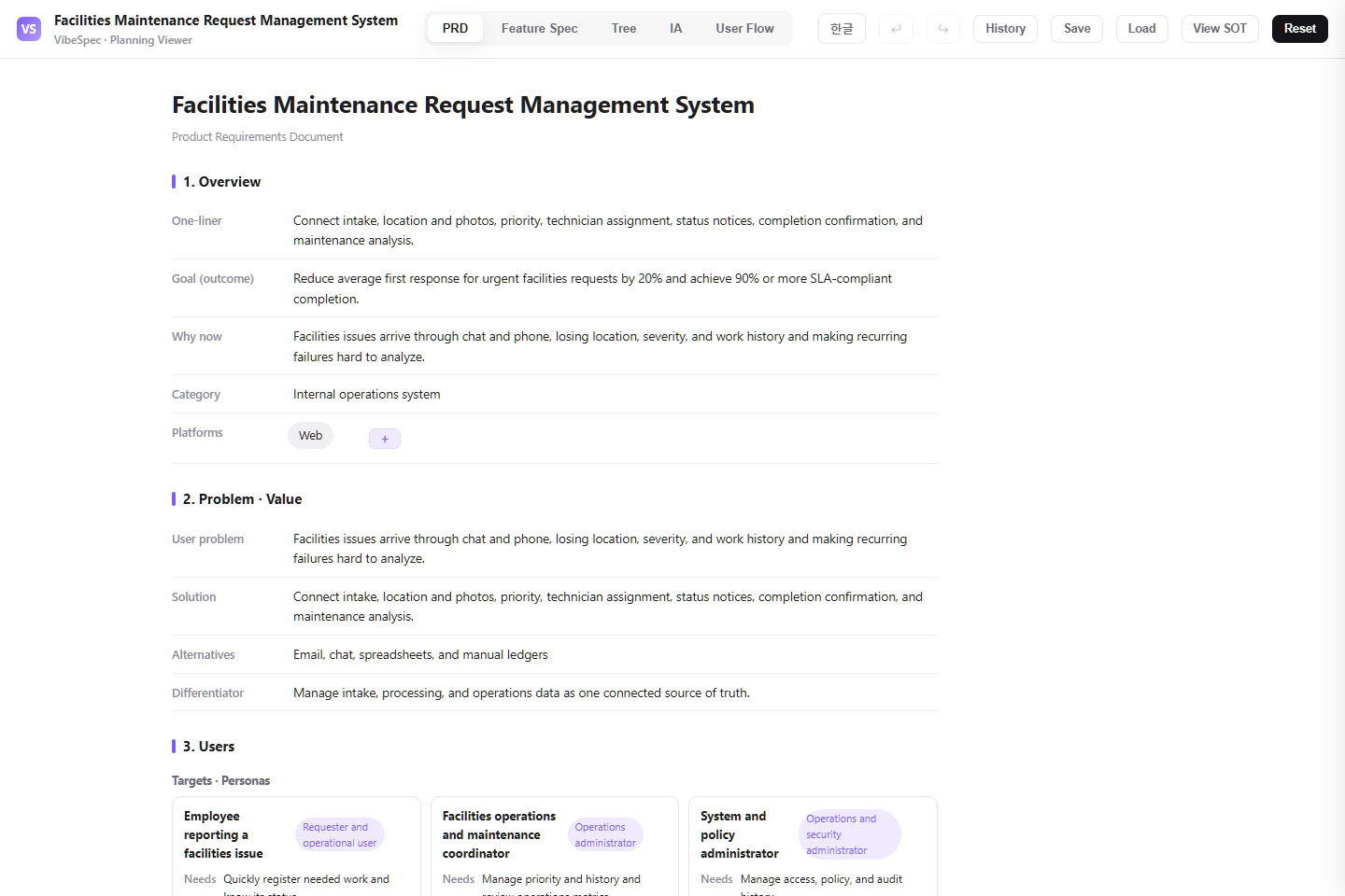 Facilities Maintenance Request Management System PRD showing product goals, problem context, and operational personas