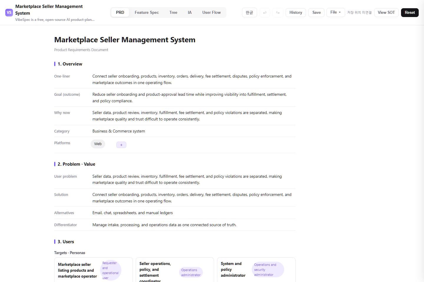 Marketplace Seller Management System PRD showing product goals, problem context, and operational personas