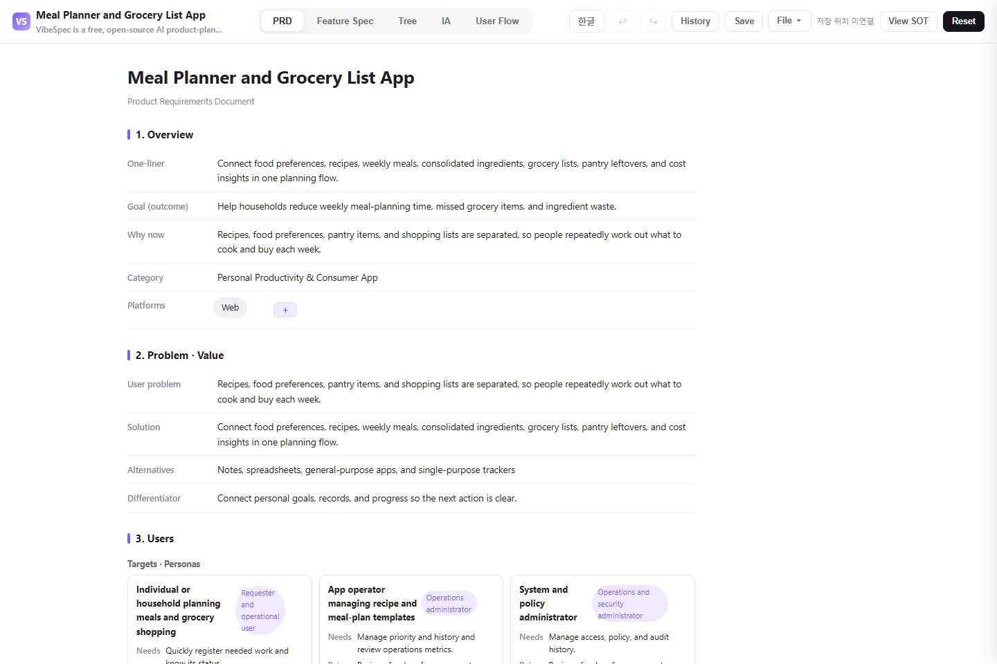 Meal Planner and Grocery List App PRD showing product goals, problem context, and operational personas